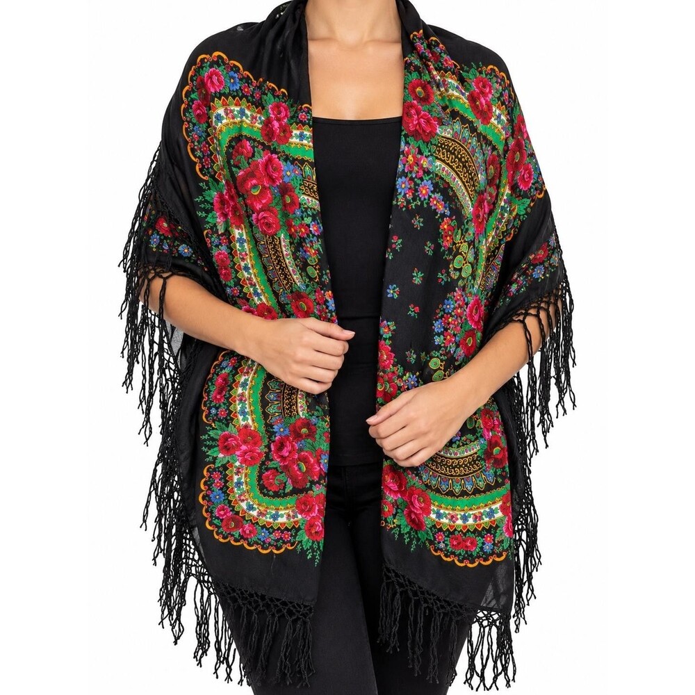 Womens Black Wool Floral Folk Shawl Wrap Scarf Hand Screen Printed Fringe